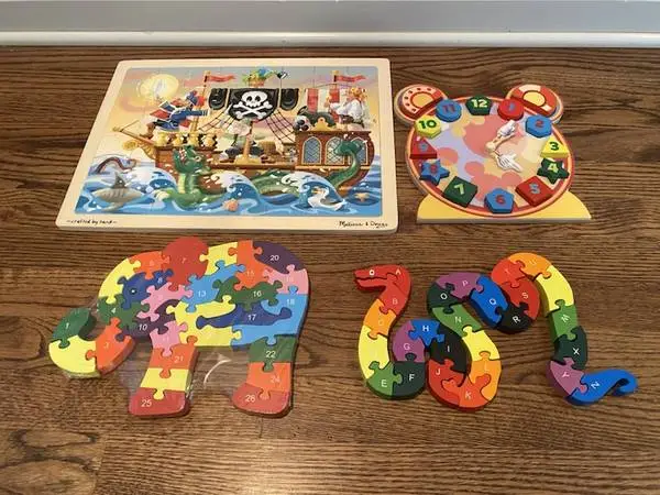 LEARNING WOODEN NUMBERS & ABC SHAPE PUZZLES, CLOCK PLUS!