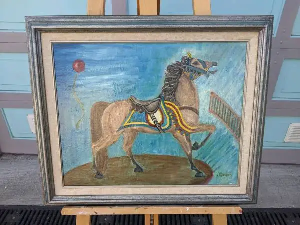Original signed framed oil painting  Stallion 21 x 25