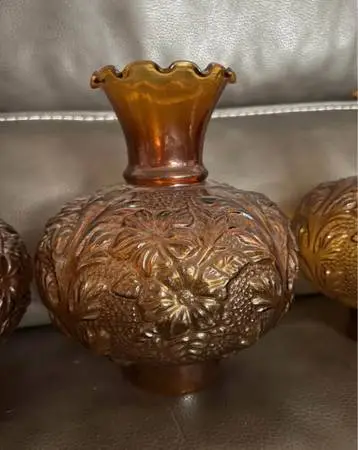 3 Vintage glass poppy/floral design amber hurricane lamp shades