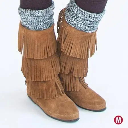 Minnetonka Tan / Brown Moccasin 3-Layer Fringe BOHO Style Boots Size 9