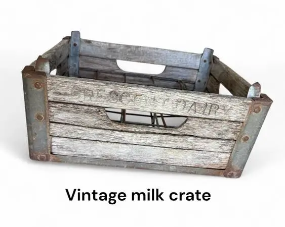 Vintage Crescent Dairy Milk crate wood & metal 15in