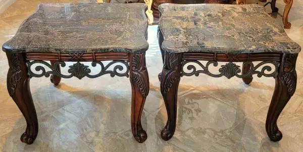 2 High quality end tables marble top wood & iron legs