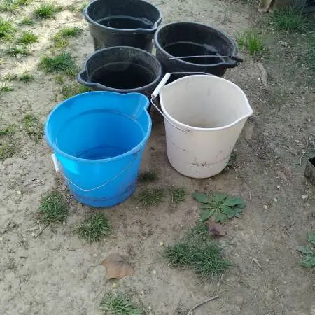 Buckets, plastic with handles, multiple uses, $2 each