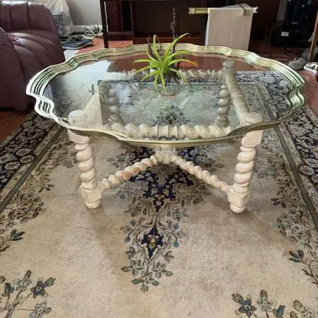 Baker glass brass and oak coffee table
