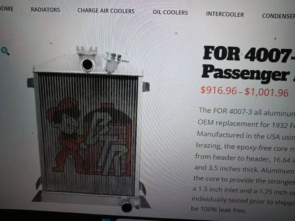 1932 Ford Radiator W/Chevy Hose Outlets (New N Box) Aluminum