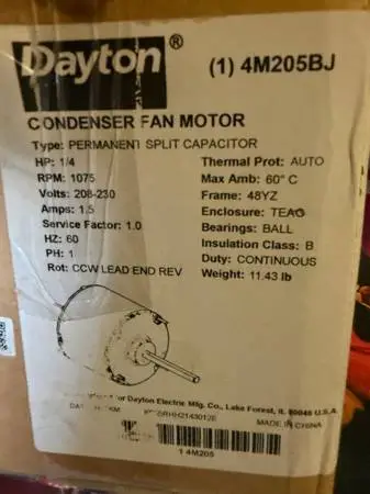 Dayton Condenser Fan Motor (4M205BJ) 1.5A 1/4Hp (S1F5)