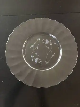 Vintage Depression Scalloped Petal Platter with Etched Fuchsia Flowers