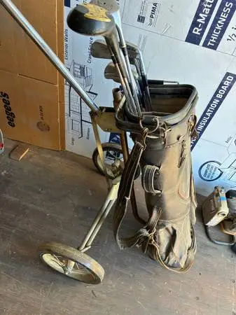 VTG golf cart/ caddy with Fairway leather golf bag w/ some clubs