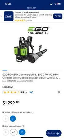 EGO backpack blower no batteries or charger.