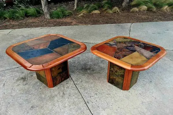 Danish Modern Brutalist Scandinavian Teak & Slate Cocktail Tables