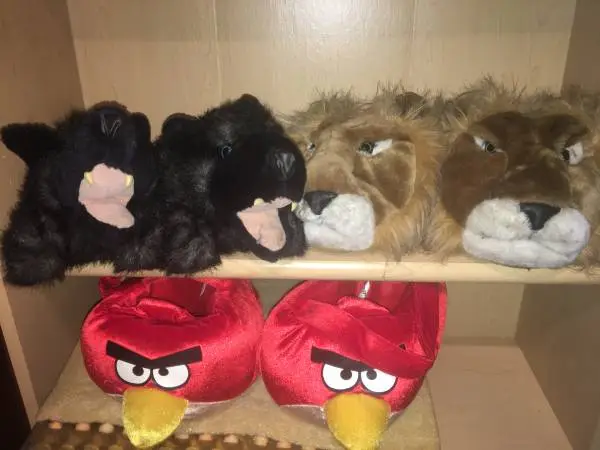 (3) Pairs Of Slippers. Lion, Wolf, Dog and Pair of Angry Bird Baskets