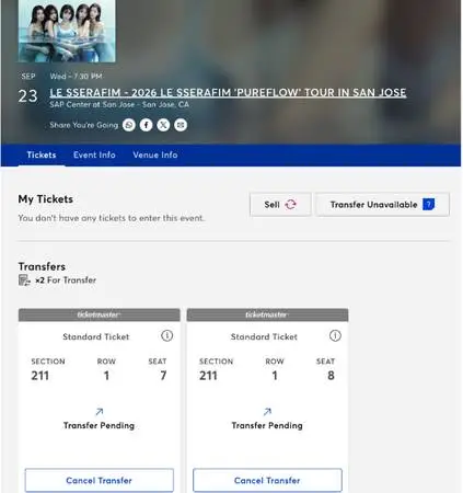 2 LE SSERAFIM Tickets - FRONT ROW Section 211 - San Jose SAP Center (B