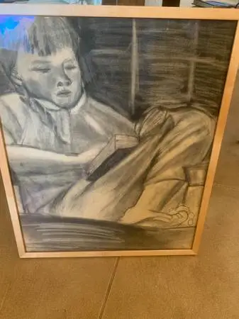 Young Person Reading Book Original Sketch Framed