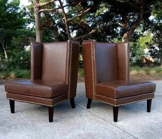Modern Leather Nailhead Trim Wingback Chairs