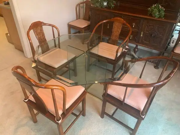 Quality beveled glass octagon table with six(6) Henredon asian chairs