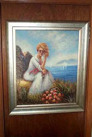 Oil PAINTING Distressed Woman By The Sea with Boats Chinese ART Framed