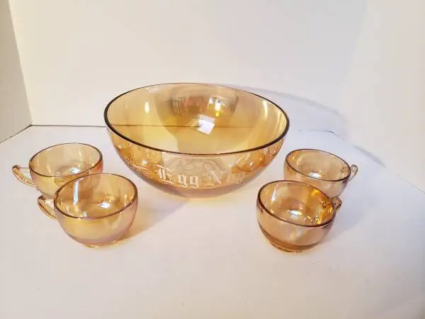 Vintage Carnival Glass Punch Bowl and Cups