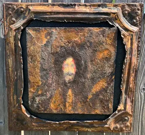 Antique oil painting on stone slate with rustic metal frame