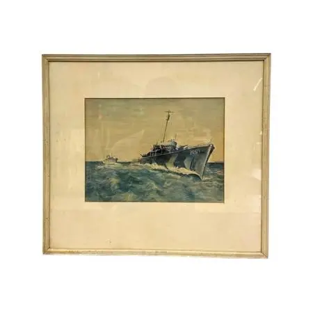 Original WWII US Navy PC-571 Submarine Chaser Gouache Painting – Vintage Art.