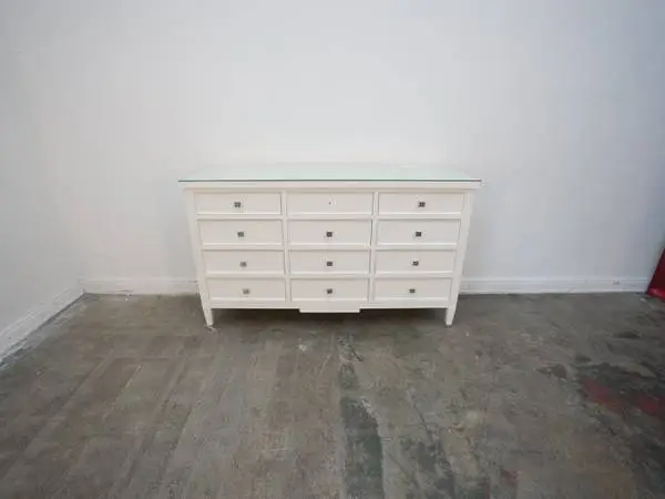White 12-Drawer Dresser Chrome Square Handles Glass Top As-Is (Missing