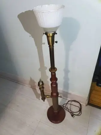 Vtg. MCM Torchiere Lamp 36 tall Burl wood & brass