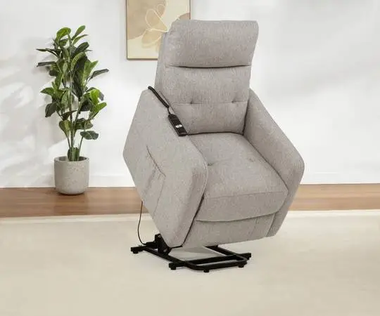 **New Power Lift Recliner Upholstered in Soft Taupe Color Fabric**