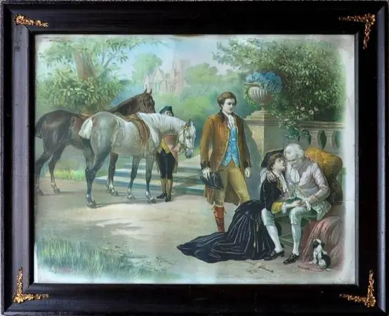 Framed chromolithograph depicting a farewell scene painting