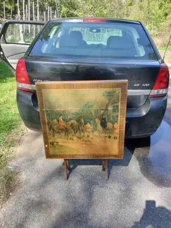Vintage stand up wooden card table with hunting scene