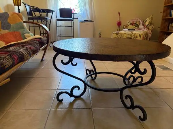 Hammered copper and wrought iron coffee table