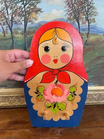 Vintage Hand-Painted Russian Matryoshka Wooden Wall Hook Rack