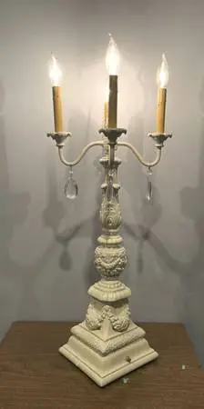 Vintage or Antique Tall Ornate 4-Light Candelabra Lamp with Crystals