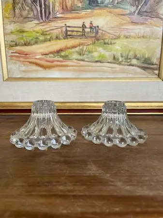 Vintage Pressed Glass Candle Holders with Hobnail Edge, Set of Two