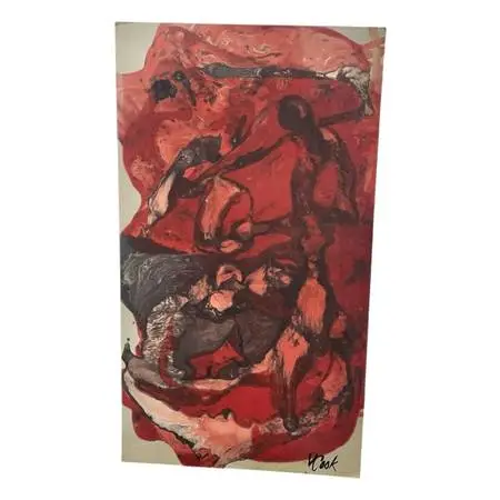 Vintage Signed Abstract Painting in Red and Black, Figurative Composition.