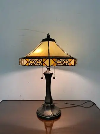 Vintage Table Lamp with Decorative Filigree Shade and Dual Pull Chains