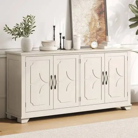 63 Inch Buffet Cabinet with Storage, Large Sideboard Cabinet with 4 Carved Doors