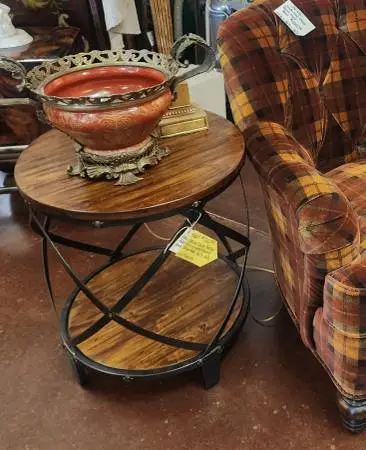 Wooden Round Top Side Table With Iron Metal Base-20W x 24H-NOW