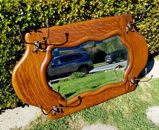 curvy mirror--hand bevelled glass-- tiger oak