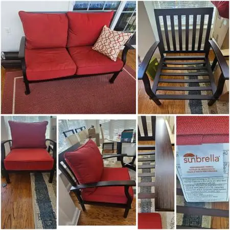 Metal patio set love seat, two chairs, coffee table (new $2700)