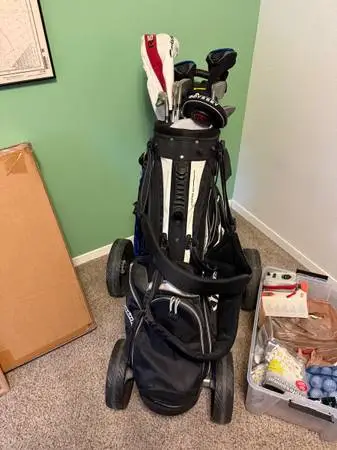 TaylorMade Golf Clubs, Bag Boy Cart, Bushnell Range Finder, Balls &Tee