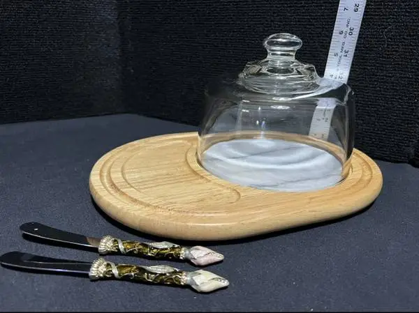 Vintage Marble and Wood Cheeseboard with Glass Dome With 2 Knifes