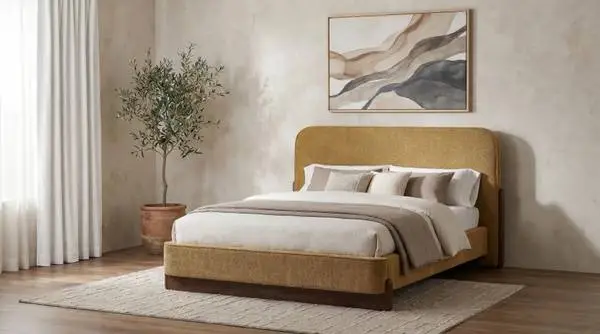**New Queen Platform Bed Upholstered in Soft Curry Color Fabric**