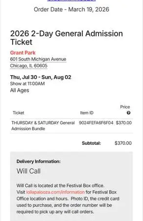 Lollapalooza GA ticket for thurs/Sat
