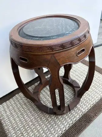 Vintage Teak Drum Stool With Jade Granite Top