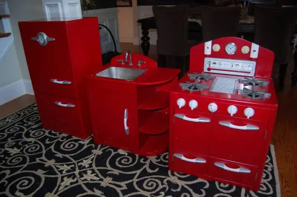 3 Piece Pottery Barn Kids Red Retro Play Wooden Kitchen Set