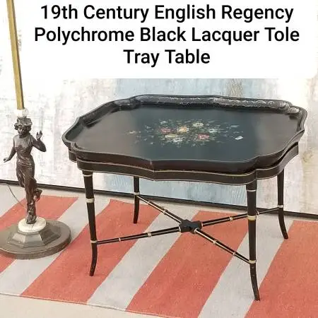 19th C English Regency Papier mâché Polychrome Black Lacquer Tray Tabl