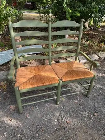 Vintage green farmhouse style ladderback and rush bench
