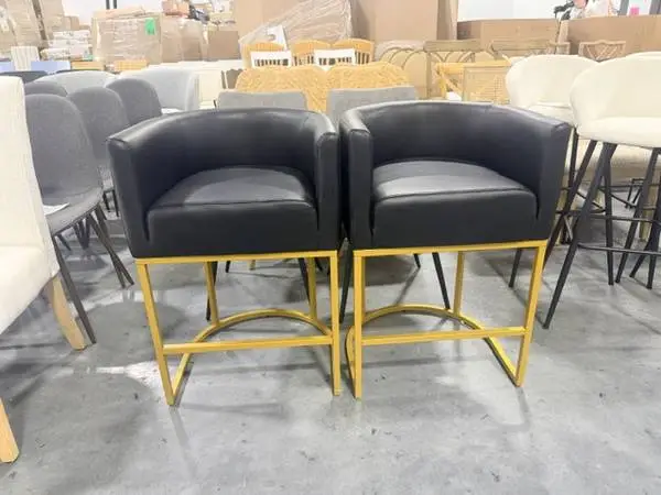 Modern Counter Height Black Leather Bar Stools Gold Frame (Set Of 2)
