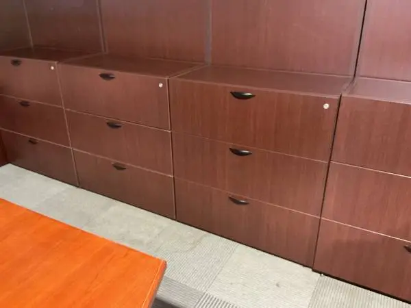 3Dr 36W lateral file cabinet by Teknion in Mahogany Laminate w/ frame