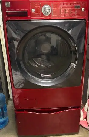 Red Kenmore Front Load Washer with Pedestal