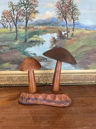 Vintage Mid-Century Hand-Carved Monkey Pod Wood Mushroom Sculpture by Leilani.